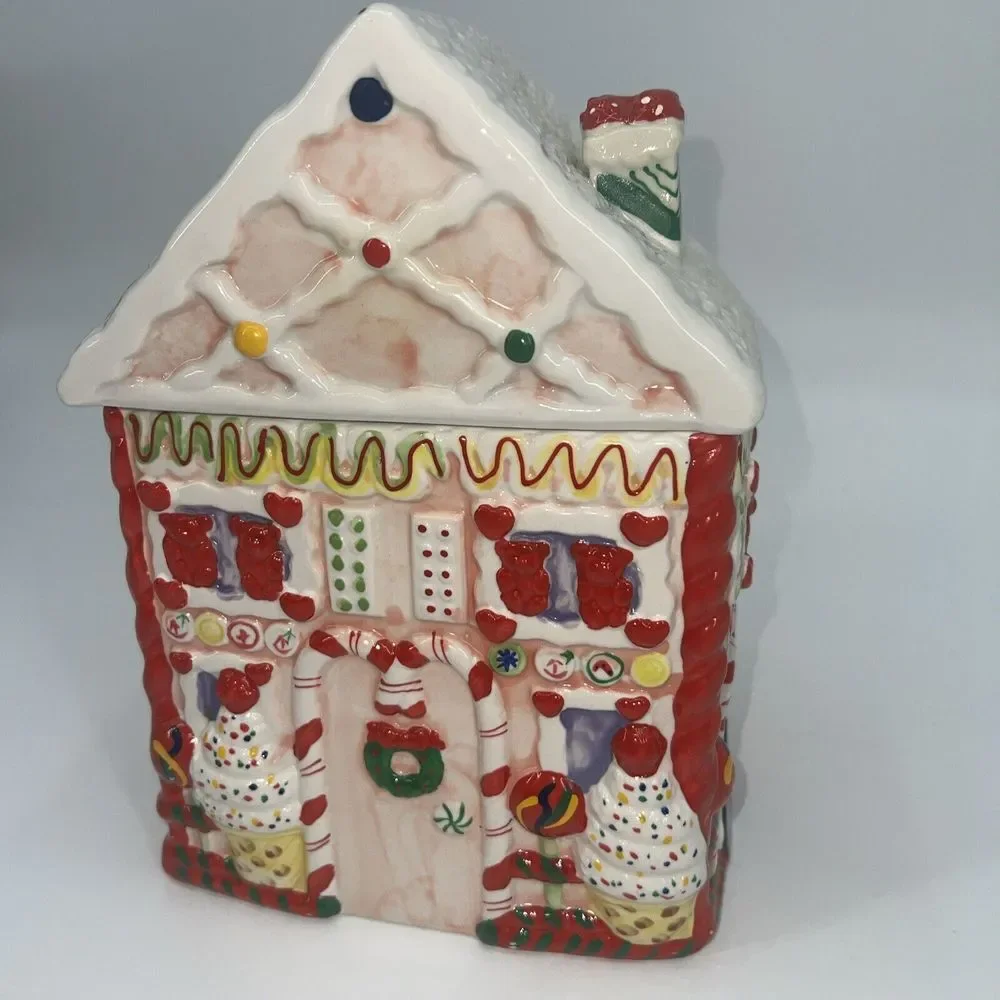 Vintage Candy Gingerbread‎ House Ceramic Cookie Jar Canes Peppermint Christmas